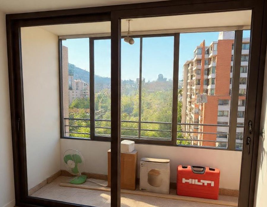 Puerta corredera de aluminio con vista a edificios y vegetación